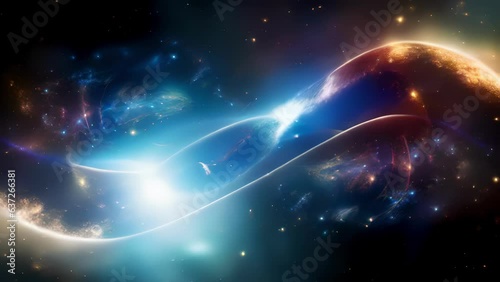Two galaxies align in harmony spinning in perfect unison as they eternally bond to become one creating a new and unique world in the depths of space.
