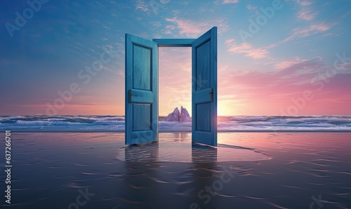 Photo of a breathtaking sunset over the ocean seen through an open door