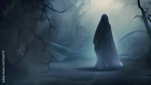 A mysterious silvery fog descended around them thickening the dark night. Suddenly the fog parted like a curtain revealing an ancient crone. Her hollow grey eyes seemed to be looking