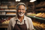 A 60 years old man store worker smiles. Retail store, grocery, bakery, pharmacy. Image created using artificial intelligence.