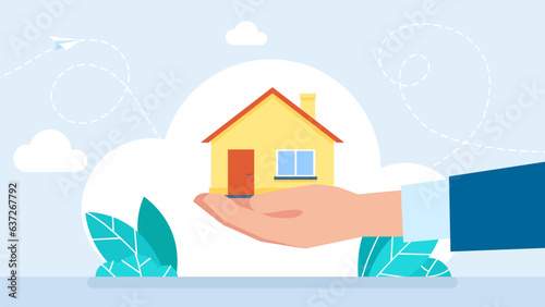 Cartoon hand holding the house mortgage loan. Real estate agent gives home. Rent housing banner template. Hand holding house. Vector flat illustration