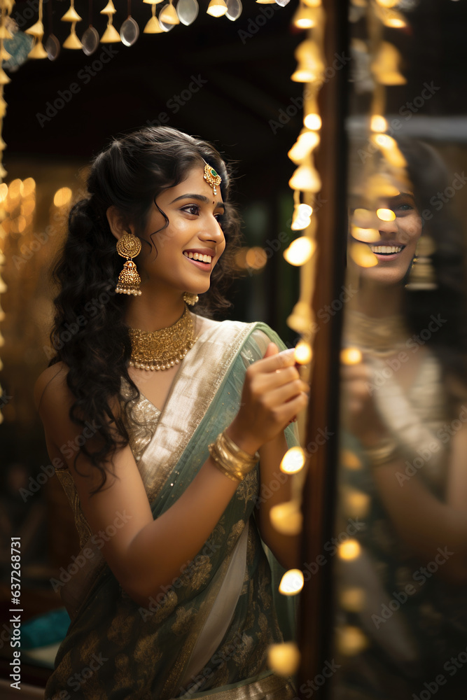 Pretty Young Indian woman wears gold jewelry, moody ambience Pretty Young Indian woman wears gold jewelry, moody ambience