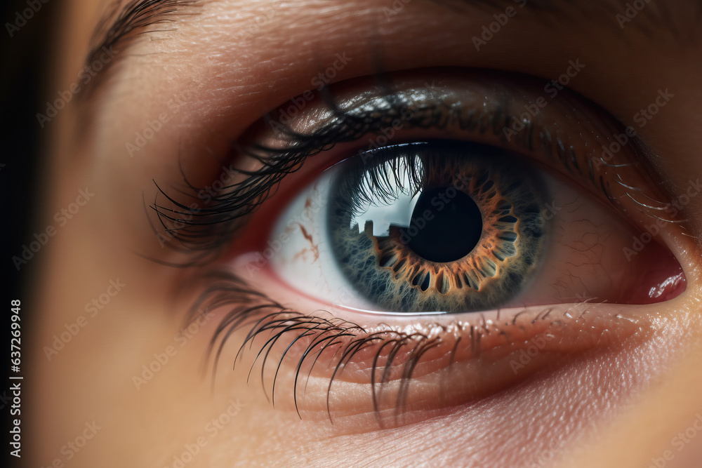 Fototapeta premium close up of a female human eye, blue torquoise and hazle amber