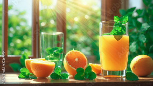 glass with orange juice, grapefruit fresh mint, morning, sun