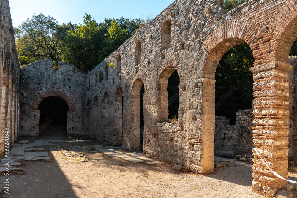 Arches in the Great Basilica in the archaeological ruins of Butrint or Butrinto National Park in Albania