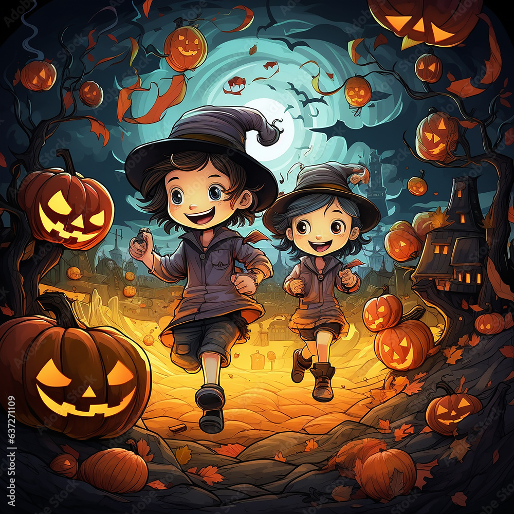 Fototapeta premium Kids illustration, Halloween, Pumpkins, Ghosts, Witches, cartoon style.