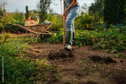 Shot of woman body hoeing the ground in her garden