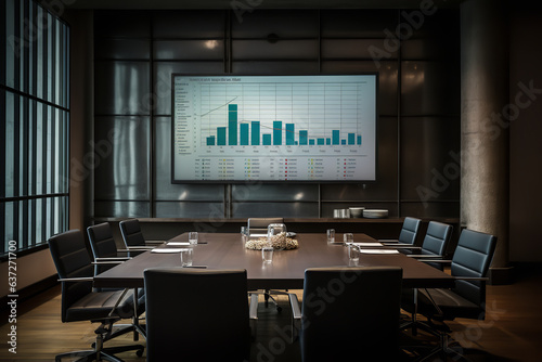 In a deserted boardroom, chairs are upturned and a projector displays the graph of a declining company's fortunes