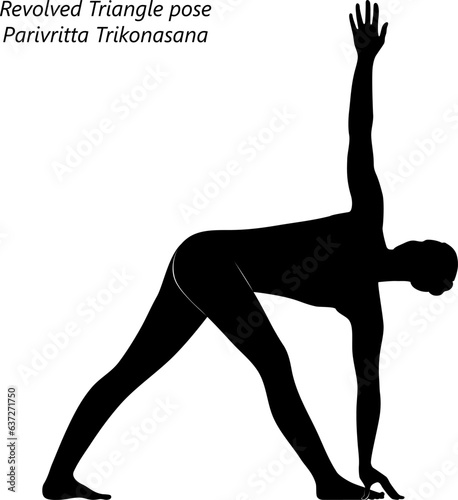 Silhouette of young woman practicing yoga, doing Revolved Triangle pose. Parivritta Trikonasana. Standing and Twist. Intermediate. Isolated vector illustration.