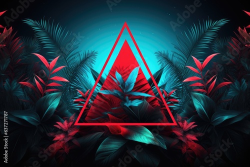 neon triangle with tropical foliage background in cyan with red neon leaves, in the style of lo-fi aesthetics, contemporary graphic design aesthetics photo