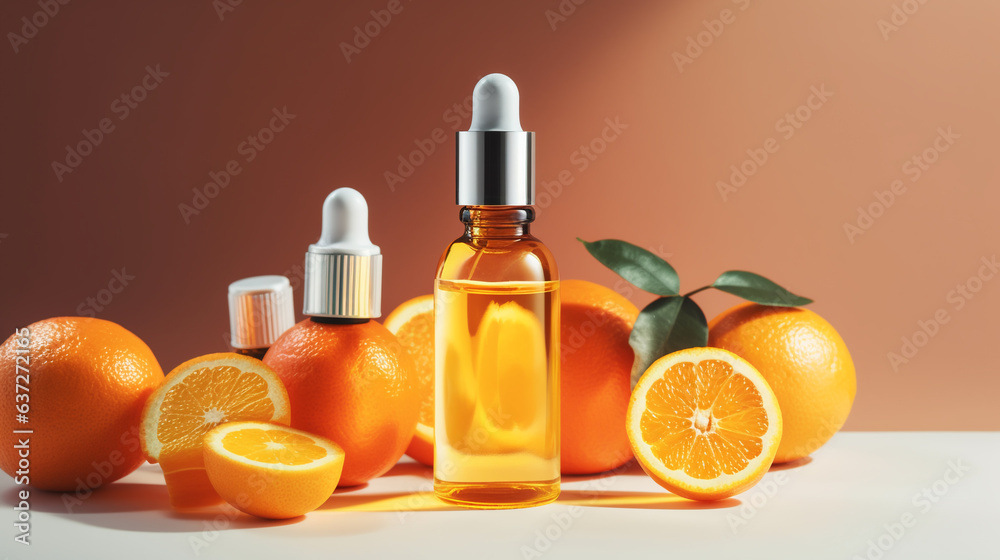 Generative AI, Vitamin C facial serum bottle, citrus perfume jar, orange fragrance, eau de toilette, beauty products, moisturizing, mockup, skin lotion, anti-aging tonic, space for text Generative AI, Vitamin C facial serum bottle, citrus perfume jar, orange fragrance, eau de toilette, beauty products, moisturizing, mockup, skin lotion, anti-aging tonic, space for text
