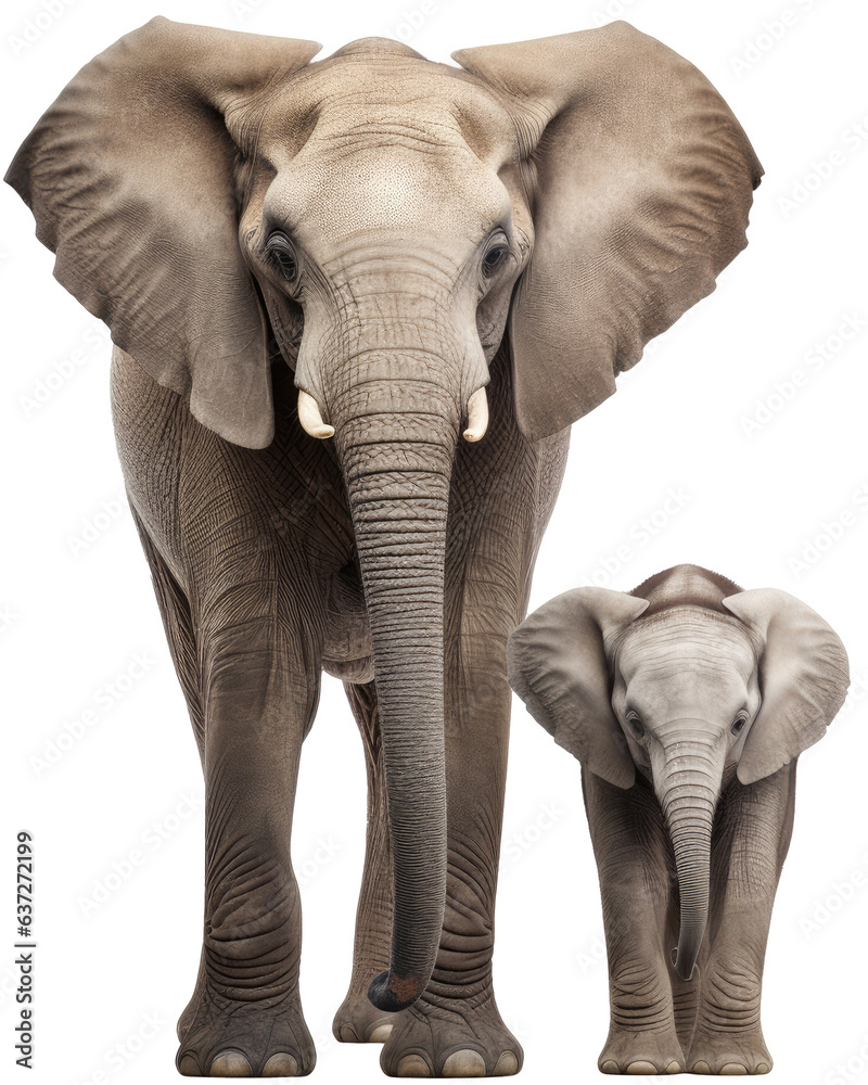 African elephant mother with cute baby isolated on a white background as transparent PNG, animals