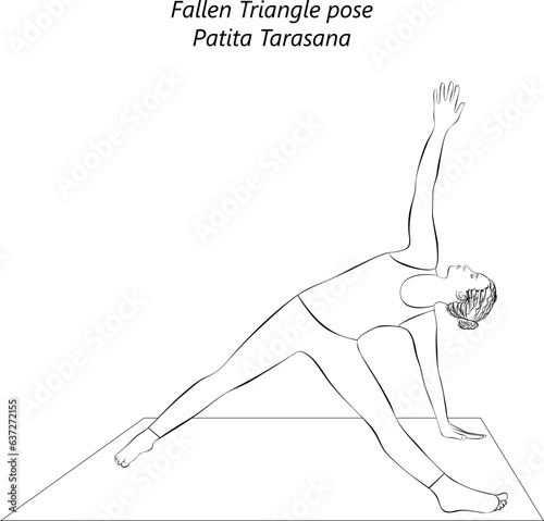 Sketch of young woman practicing yoga, doing Fallen Triangle pose or Fallen Star pose. Patita Tarasana. Arm Leg Support and Backbend. Intermediate. Isolated vector illustration.
