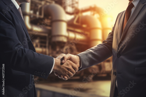 Two businessmen or managers shake hands and shake hands against the backdrop of an oil refinery or gas pipeline with space for inscriptions or logos. generative ai