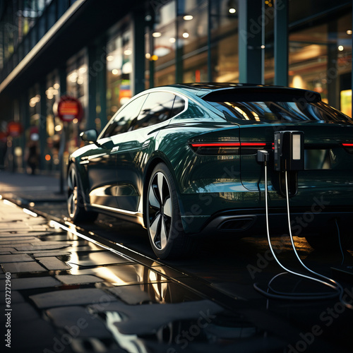A beautiful electric car charges the batteries. City charger for an electric car next to the road. generative ai  © Ivan