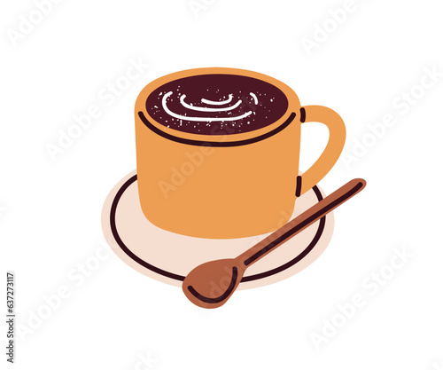 Black coffee cup on saucer with spoon. Hot morning drink, fresh espresso, brewed americano. Aromatic coffe, caffeine beverage for breakfast. Flat vector illustration isolated on white background