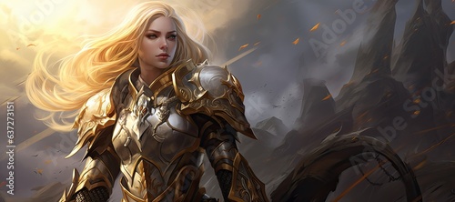 Woman Protector of the Realms Backdrop - Stunning Female Paladin Portrayed in Fantasy Artwork - Girl Courage and Grace Wallpaper - Warrior Maiden Background created with Generative AI Technology