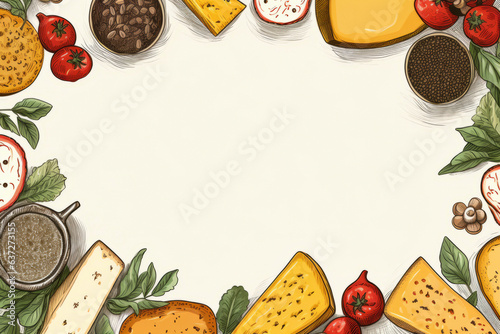 A beautiful background mockup of cheese sets on the sides and a blank space in the middle. Painted cheese background for shop or menu with space for logo or lettering. generative ai
 photo