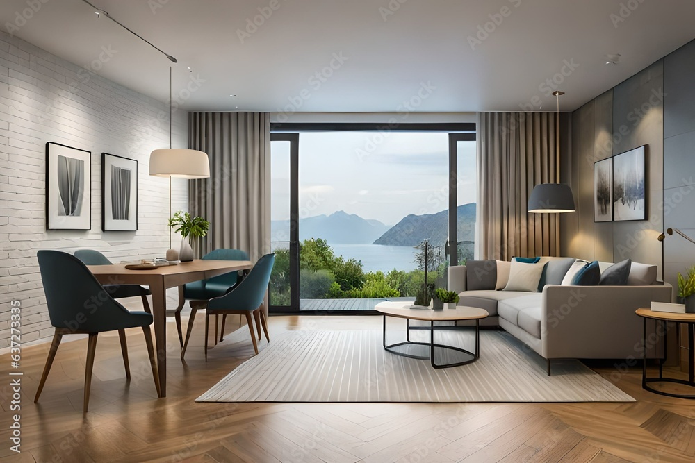 Spacious living room interior with a corner sofa and armchair next to a dining table with chairs standing by the window Spacious living room interior with a corner sofa and armchair next to a dining table with chairs standing by the window