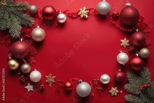 christmas background with balls and fir branches on red