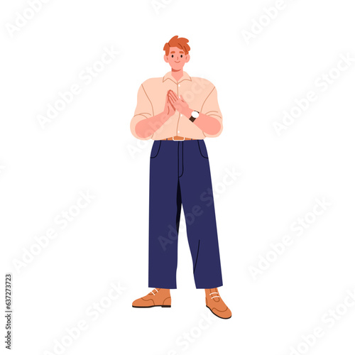 Happy man clapping hands, applauding. Employee, applause gesture. Office worker, appreciating, approving, congratulating, respecting. Flat graphic vector illustration isolated on white background