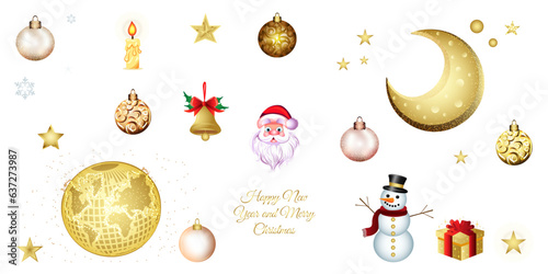 christmas sticker set in gold flowers, candle, santa, moon, planet earth, christmas balls, gift, gold box with red bow and stars fabulous image christmas attribute on transparent background