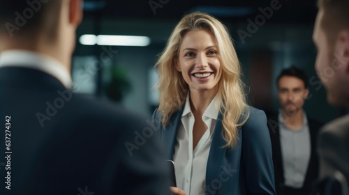 Smiling blonde female business consultant talking to her colleagues