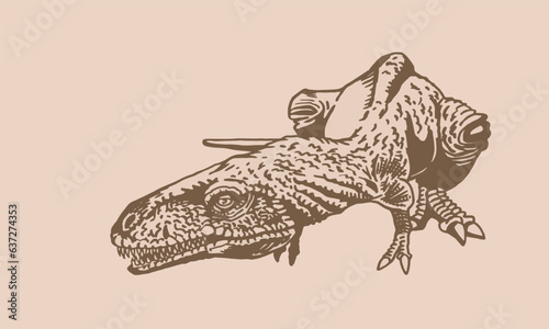 Graphical hand drawn raptor ,vector vintage dinosaur, sepia illustration