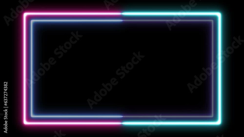 Moving flashing neon lights in square with changing colors on black background.