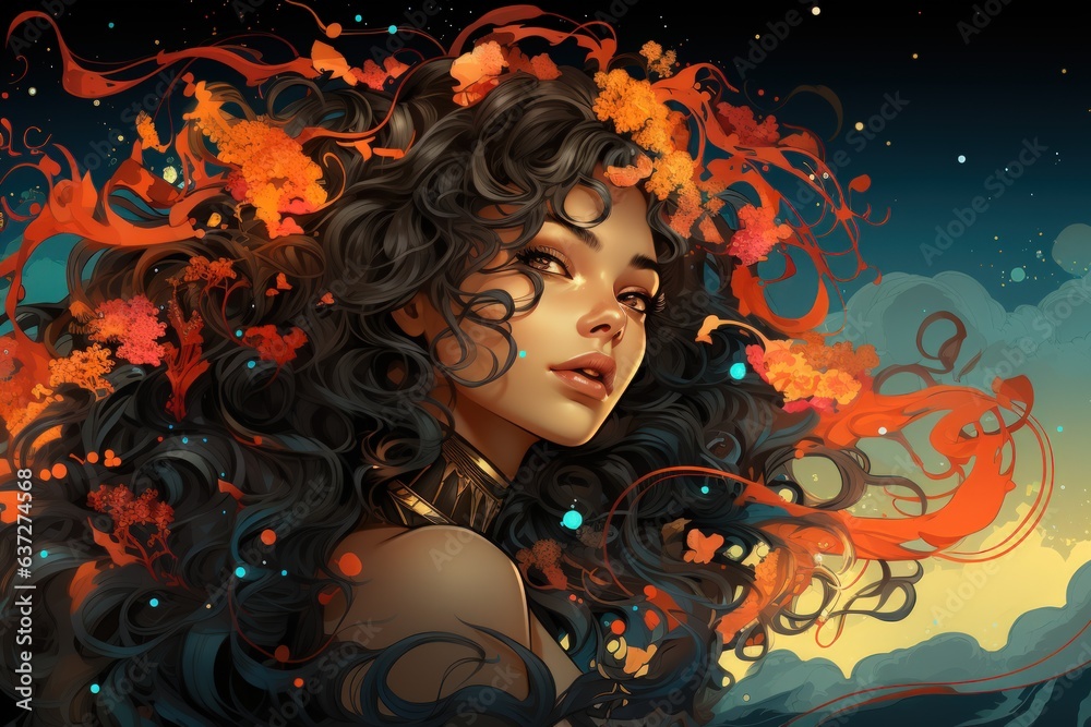 Beautiful curly hair woman with floral decoration background. Beautiful curly hair woman with floral decoration background.