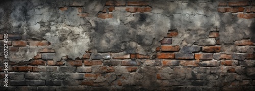 Ancient wall background with soot-blackened, crumbling bricks photo