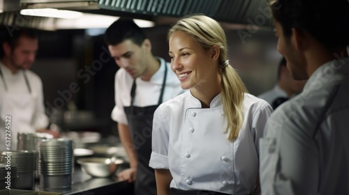 Smiling blonde female chef talking to her colleagues