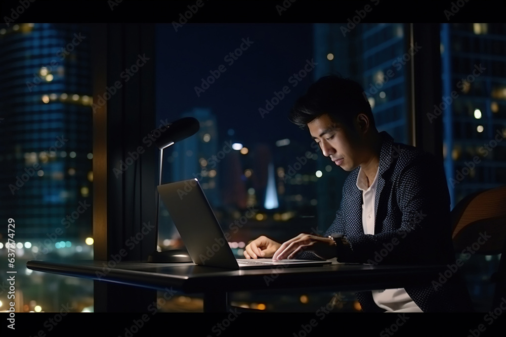 Young busy Asian business man executive working on laptop at night in dark corporate office. Professional businessman manager using computer sitting at table, big city evening view Young busy Asian business man executive working on laptop at night in dark corporate office. Professional businessman manager using computer sitting at table, big city evening view