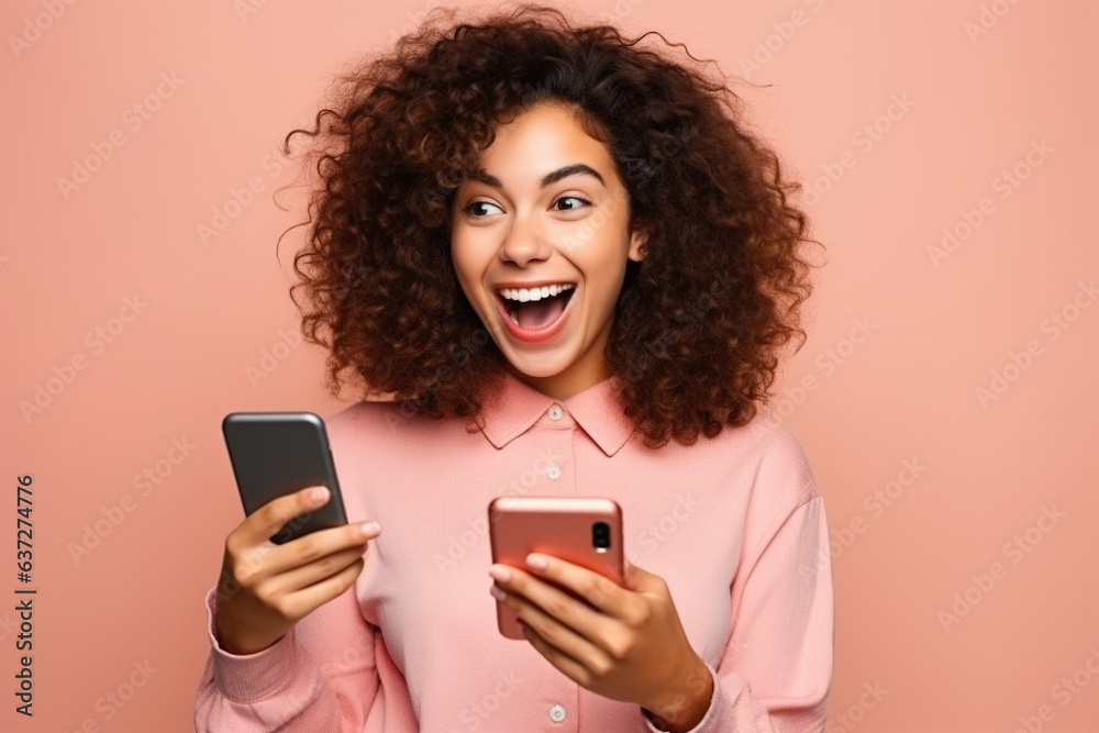 Young happy lucky woman student feeling excited winner looking at cellphone using mobile phone winning online, receiving great news or sms offer, getting new job celebrating achievement Young happy lucky woman student feeling excited winner looking at cellphone using mobile phone winning online, receiving great news or sms offer, getting new job celebrating achievement