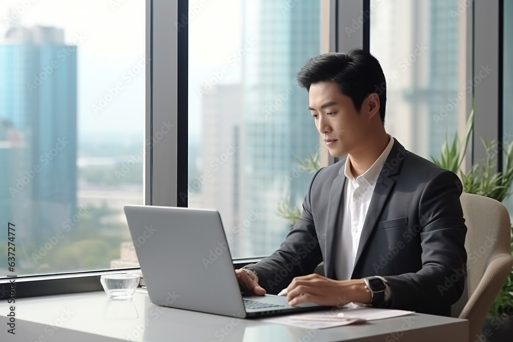 Young adult Asian business man executive working on laptop at corporate office. Professional Japanese businessman manager using computer technology sitting at table with big city view from window Young adult Asian business man executive working on laptop at corporate office. Professional Japanese businessman manager using computer technology sitting at table with big city view from window