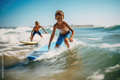 Two school boy surfers going for water surfing