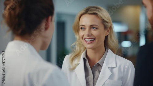 Smiling blonde female doctor talking to her colleagues