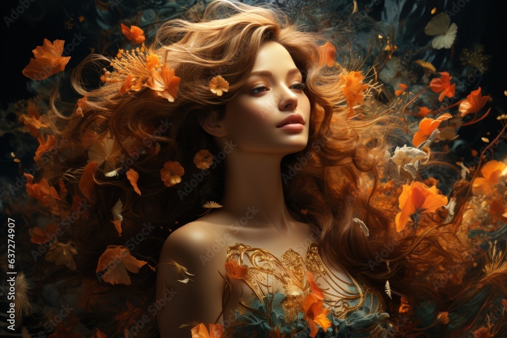 Beautiful curly hair woman with floral decoration background. Beautiful curly hair woman with floral decoration background.