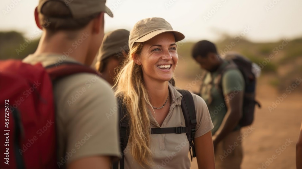 Obraz premium Smiling blonde female explorer talking to her colleagues