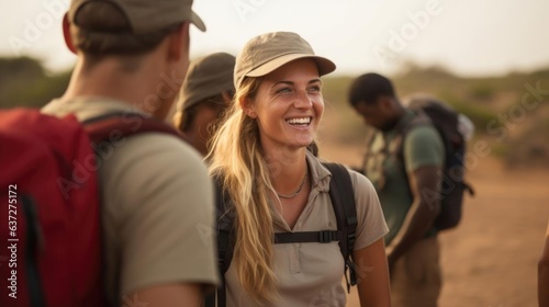 Smiling blonde female explorer talking to her colleagues