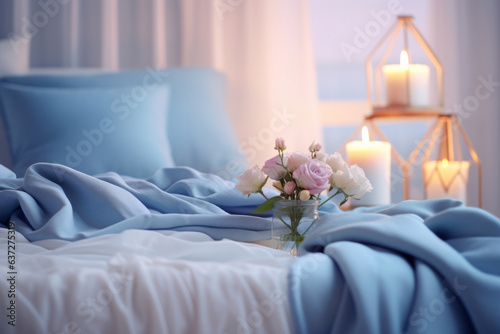 Beautiful room background with bedding and candles. generative ai 