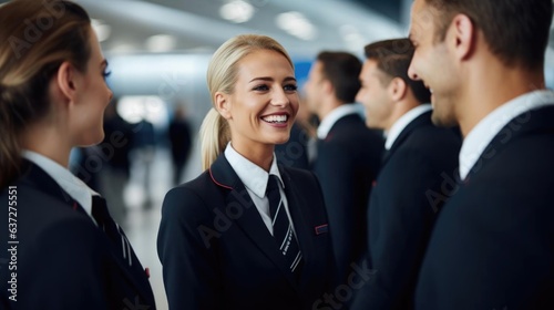 Smiling blonde female flight attendant talking to her colleagues