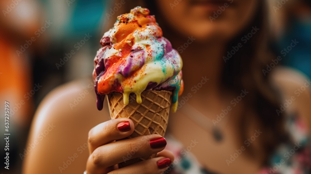 close up of a woman's hand holding a colorful melting ice cream - obrazy, fototapety, plakaty 