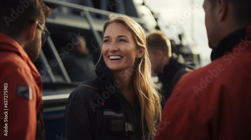 Smiling blonde female marine biologist talking to her colleagues
