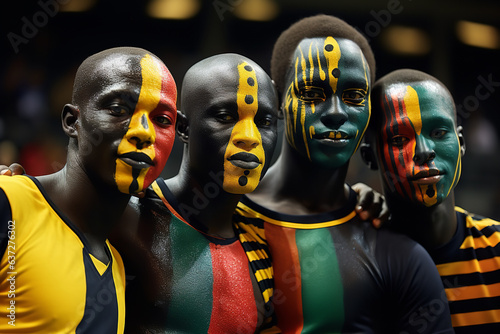 Silhouettes of dedicated fans, faces painted in vibrant hues, express unwavering support for their cherished African football team