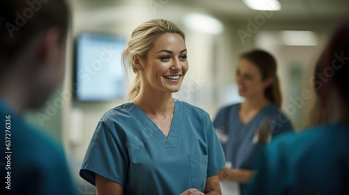 Smiling blonde female nurse talking to her colleagues