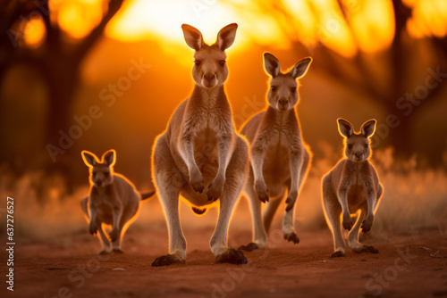 Beautiful kangaroo family running during golden hour © Fabio