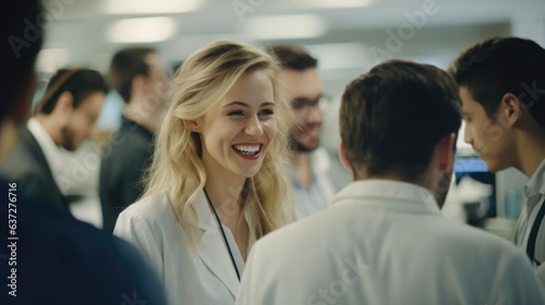 Smiling blonde female researcher talking to her colleagues