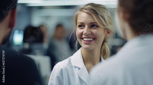 Smiling blonde female scientist talking to her colleagues