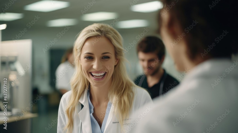 Smiling blonde female veterinarian talking to her colleagues - obrazy, fototapety, plakaty 